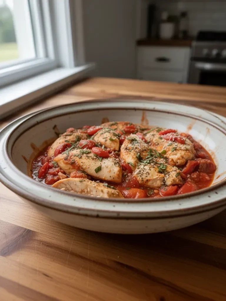 Healthy chicken pomodoro skillet with fresh tomatoes and herbs