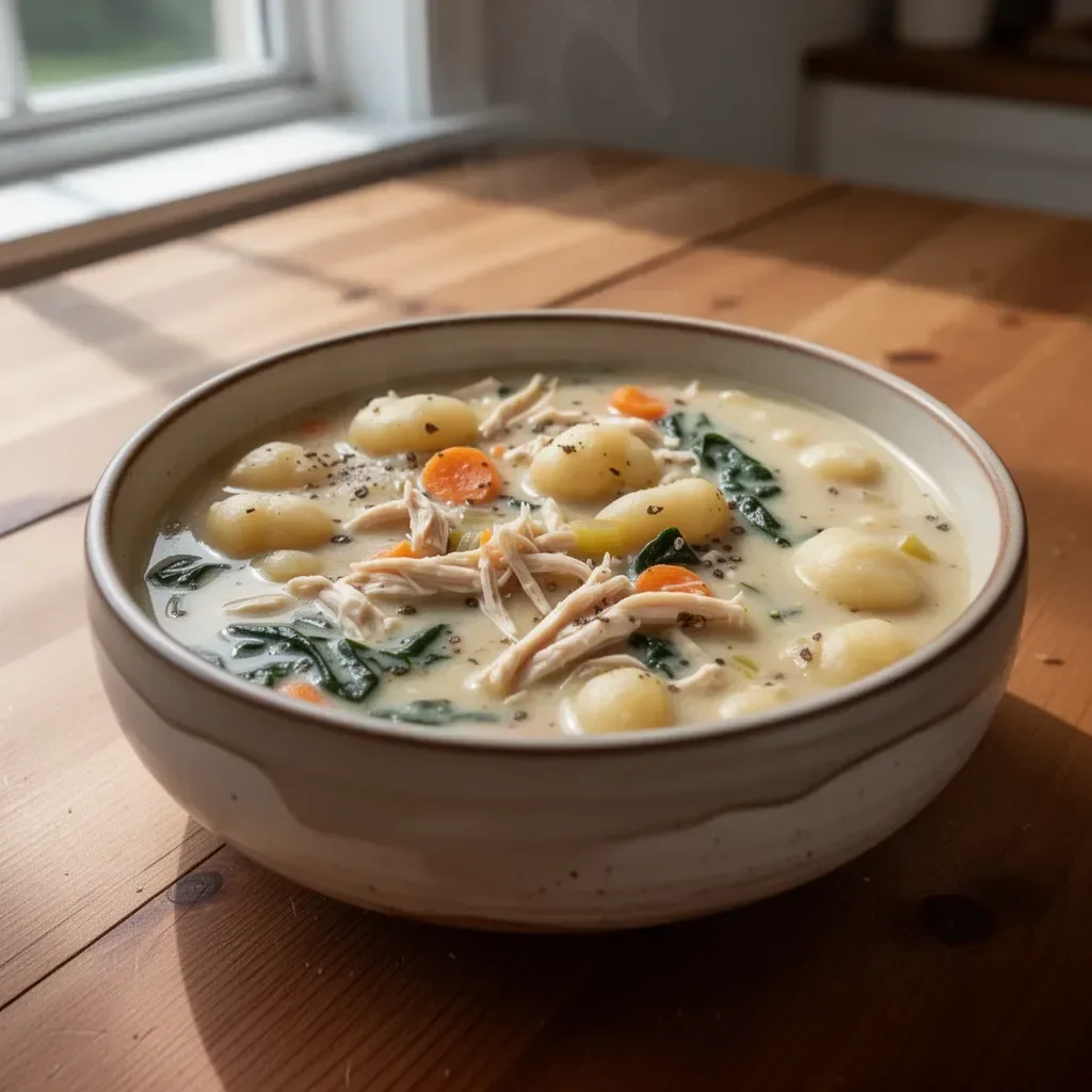 Healthy rotisserie chicken gnocchi soup, a comforting and nutritious recipe.