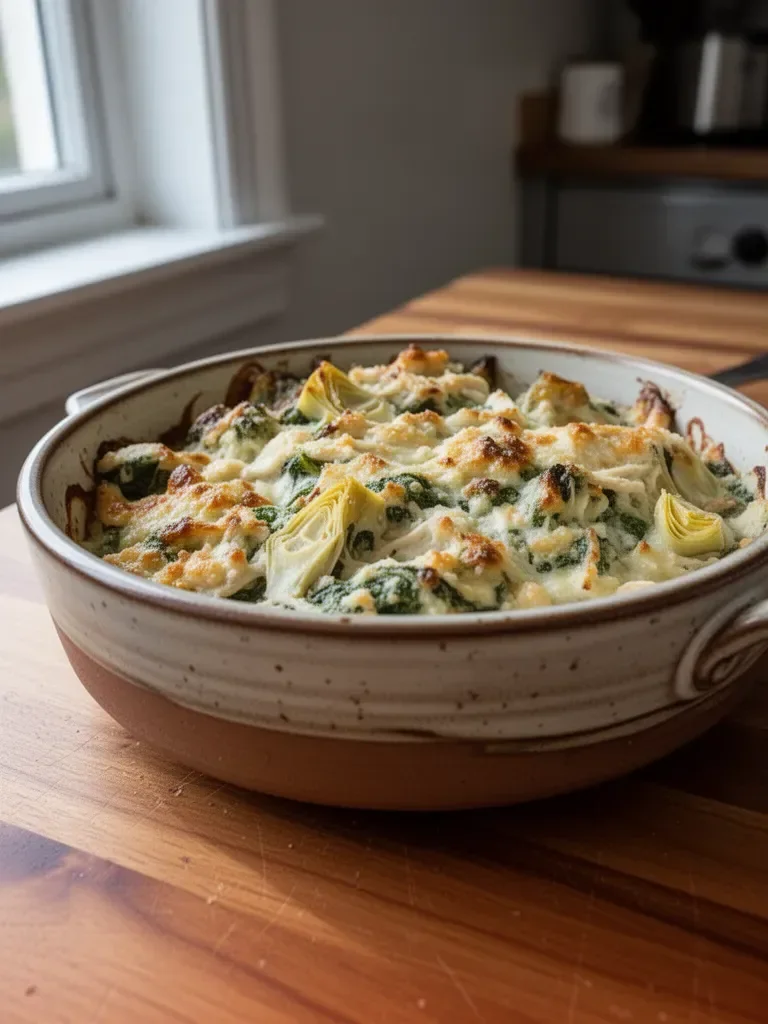 Healthy spinach artichoke chicken casserole in a baking dish