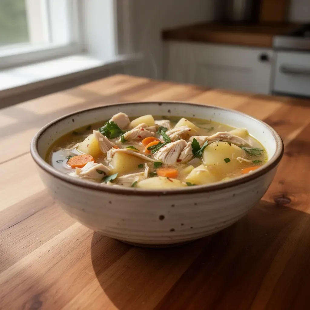 Delicious hearty chicken soup made with tender potatoes and fresh vegetables.