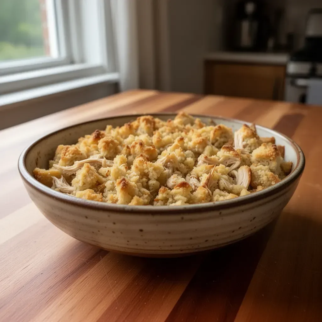 Hearty rotisserie chicken stuffing casserole topped with herbs and cheese
