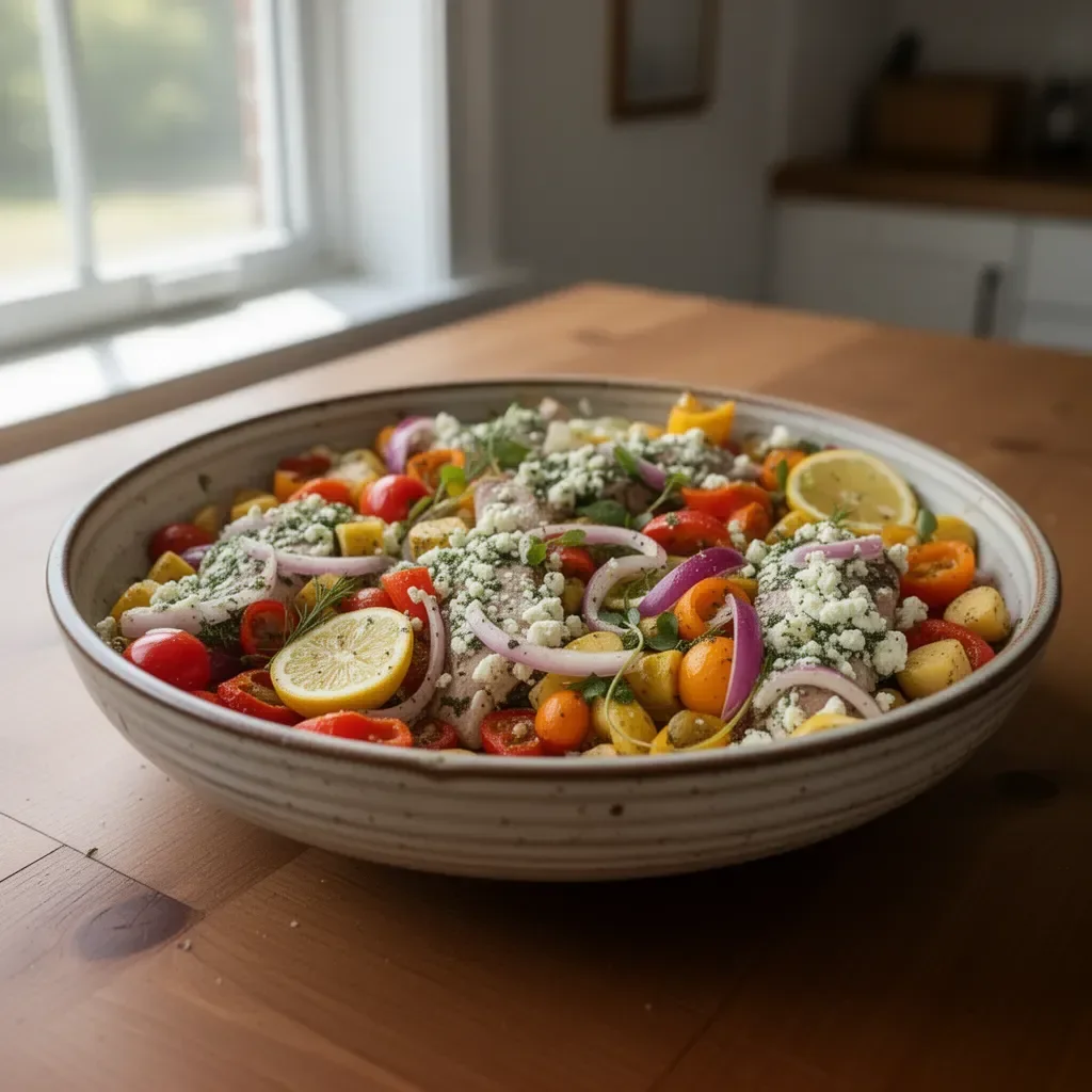Sheet pan dinner featuring herby feta lemon chicken and vibrant vegetables.