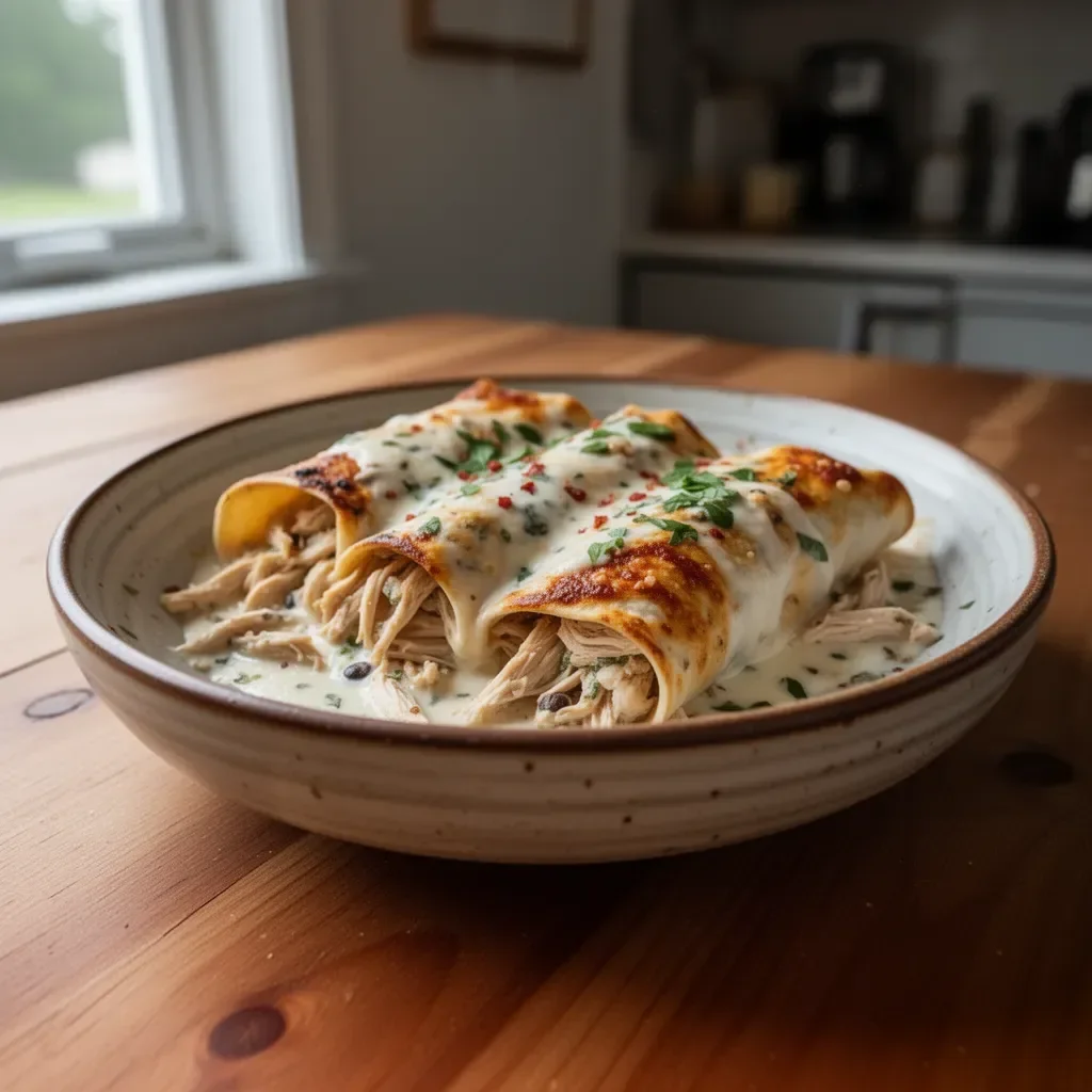 High protein chicken enchiladas ready to serve with toppings