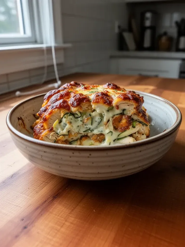 High Protein Chicken Zucchini Bake dish with chicken and zucchini layers