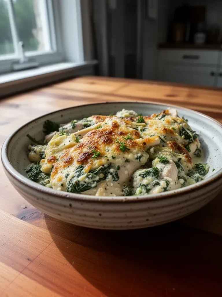 High protein spinach artichoke chicken dish served with herbs on a plate