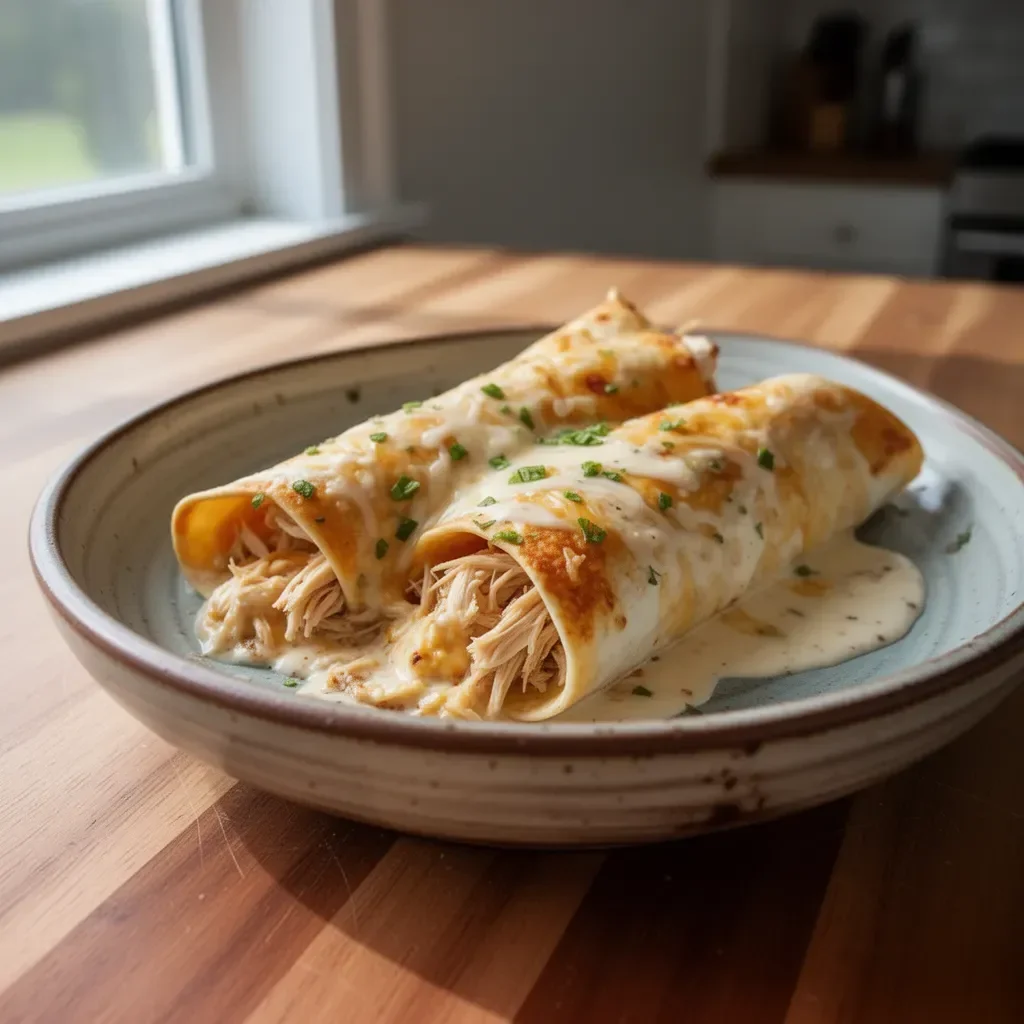 Delicious homemade white rotisserie chicken enchiladas served on a plate
