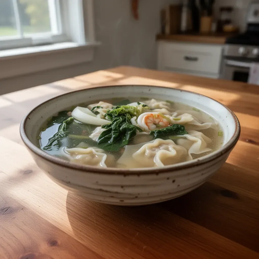 Bowl of homemade wonton soup with fresh ingredients and garnishes