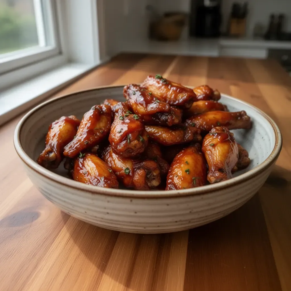 Honey barbecue air fryer chicken wings on a plate garnished with herbs