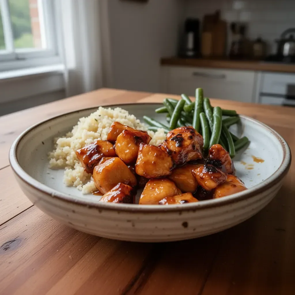 Plate of Honey Garlic Chicken Bites garnished with herbs