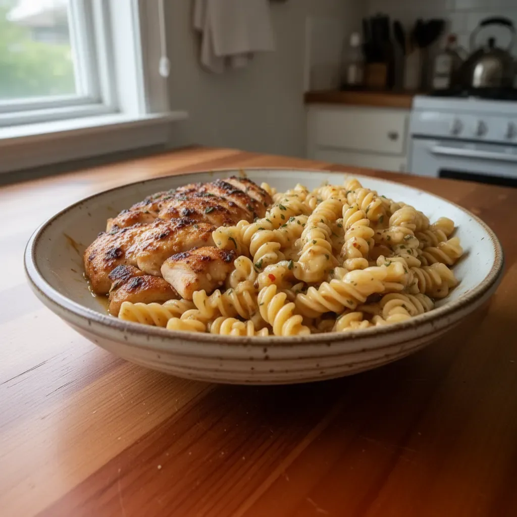 Delicious Honey Garlic Chicken Pasta served with fresh vegetables