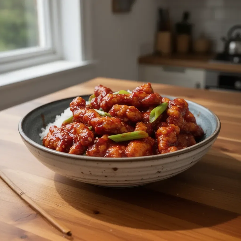 Plate of irresistibly spicy dragon chicken garnished with fresh herbs