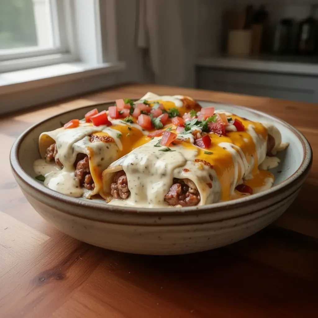 Delicious jalapeño popper cheesy chicken enchiladas served on a plate.