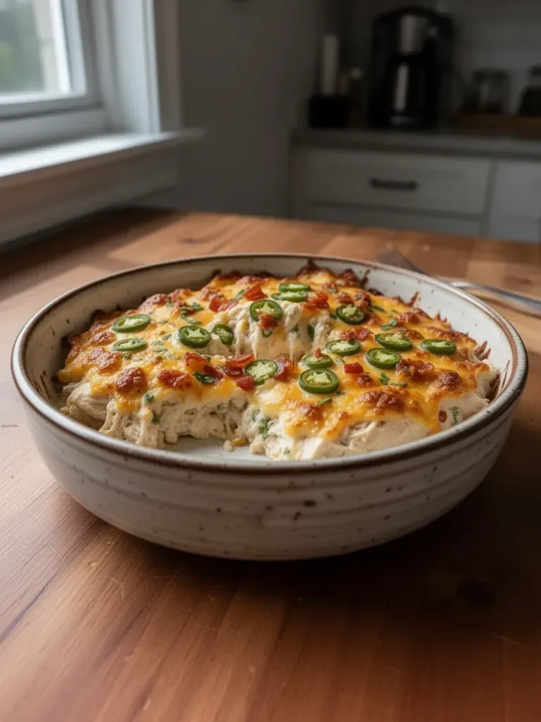 Jalapeño Popper Chicken Casserole with cheese and jalapeños in a baking dish.