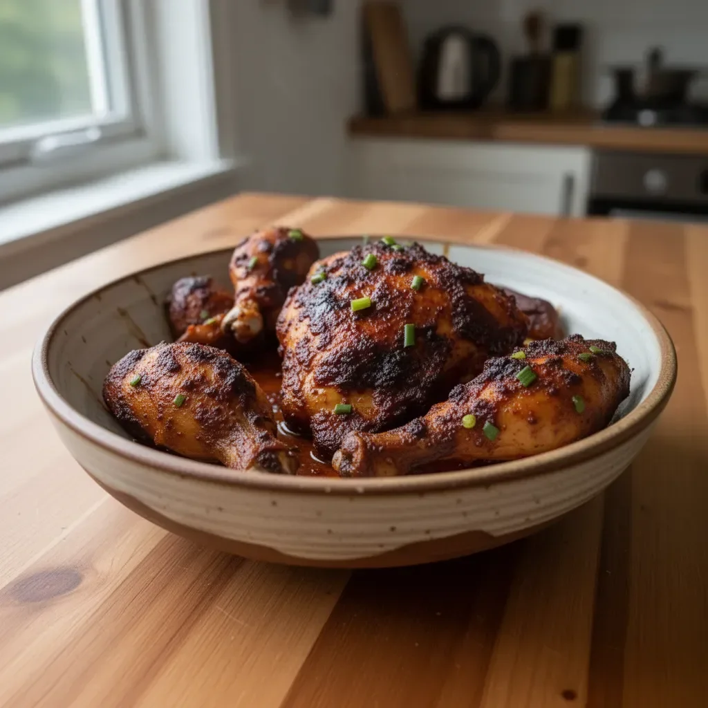 Delicious Jamaican jerk chicken served with rice and vegetables