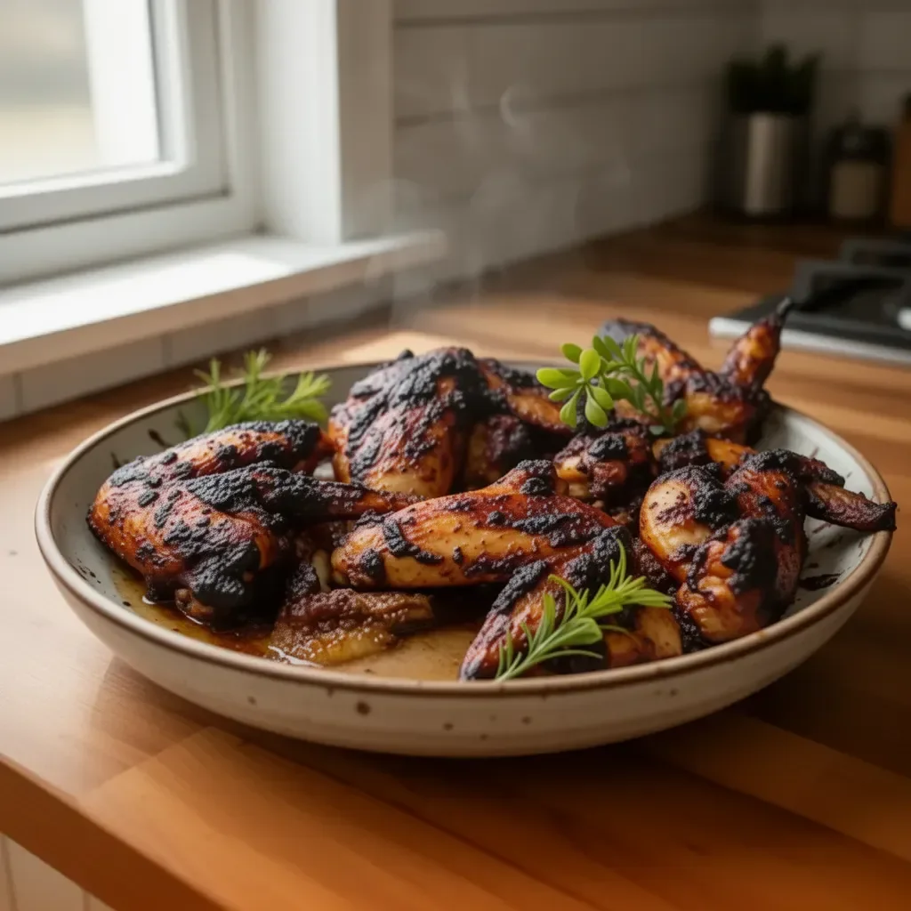 Delicious Jamaican Jerk Chicken Wings served with vibrant sides