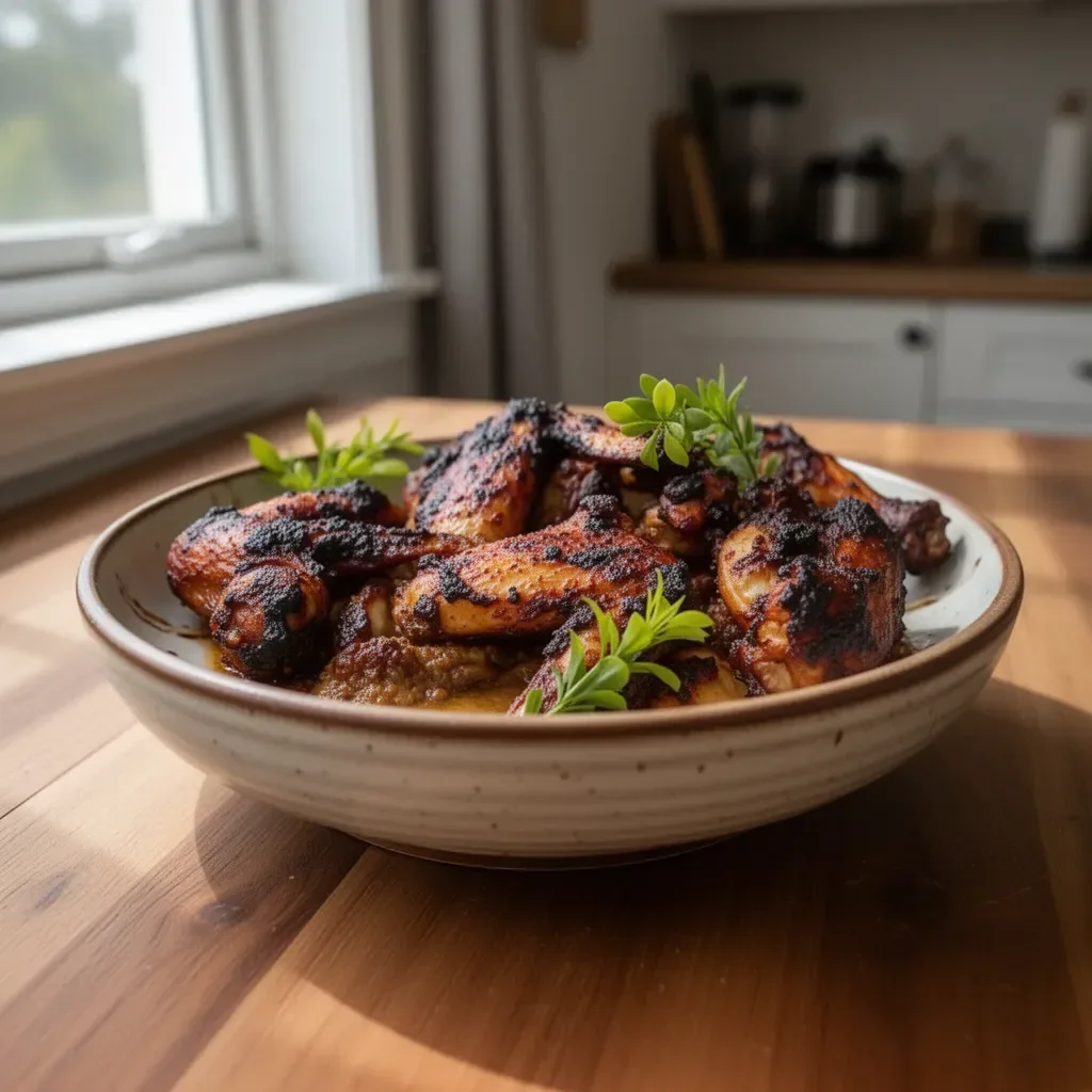 Plate of spicy Jamaican Jerk Chicken Wings garnished with herbs