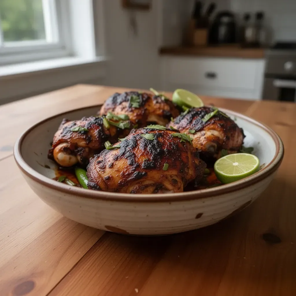Delicious plate of jerk chicken garnished with fresh herbs and peppers