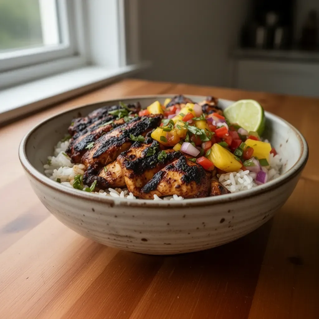 Jerk chicken bowl with fresh pineapple salsa and colorful vegetables