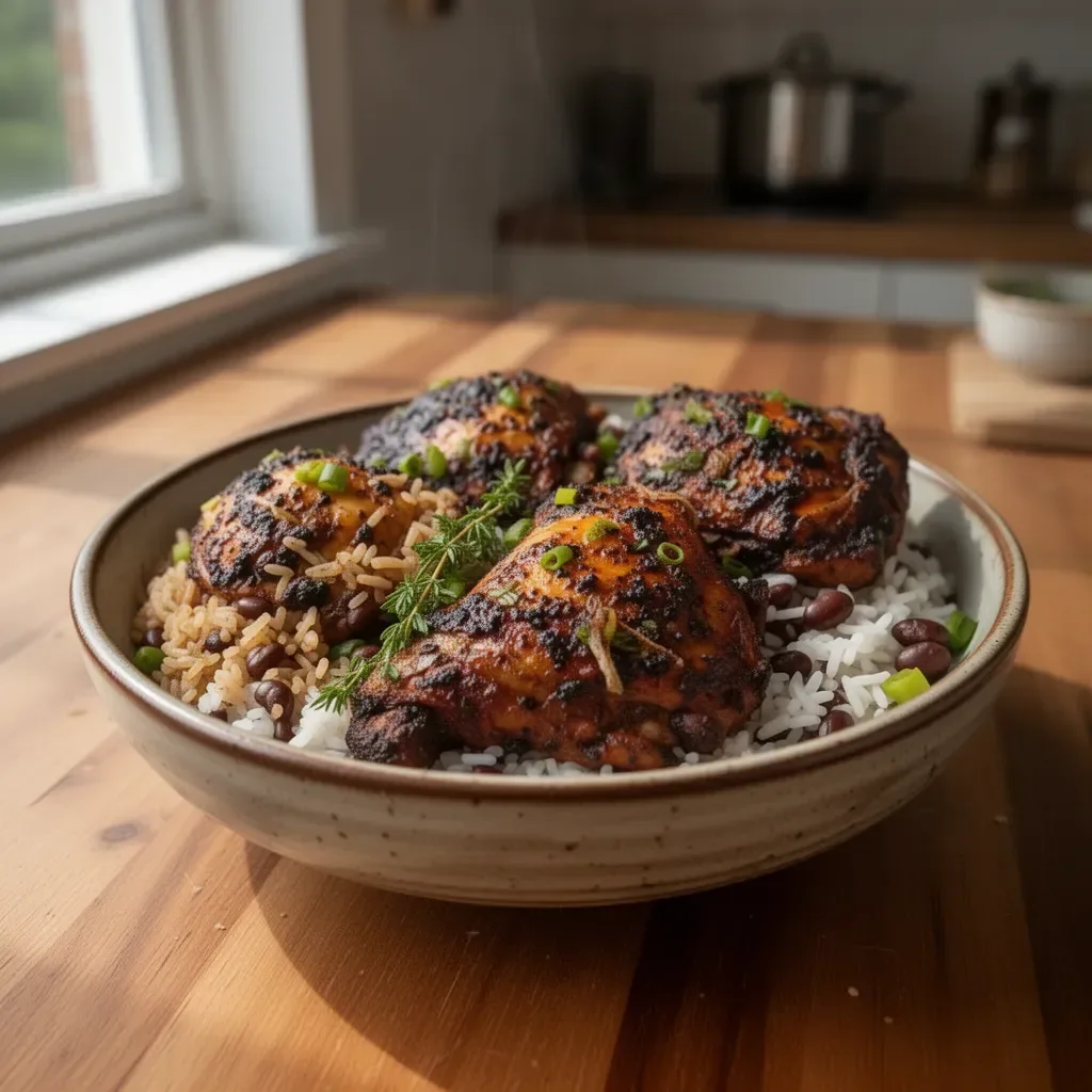 Plate of jerk chicken with Jamaican rice and peas