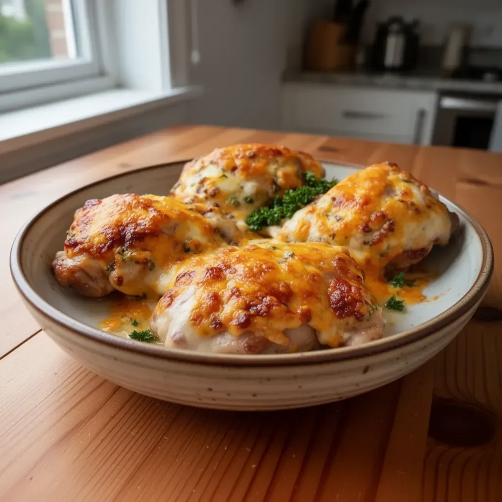 Keto Baked Cheesy Ranch Chicken Thighs served with herbs and spices