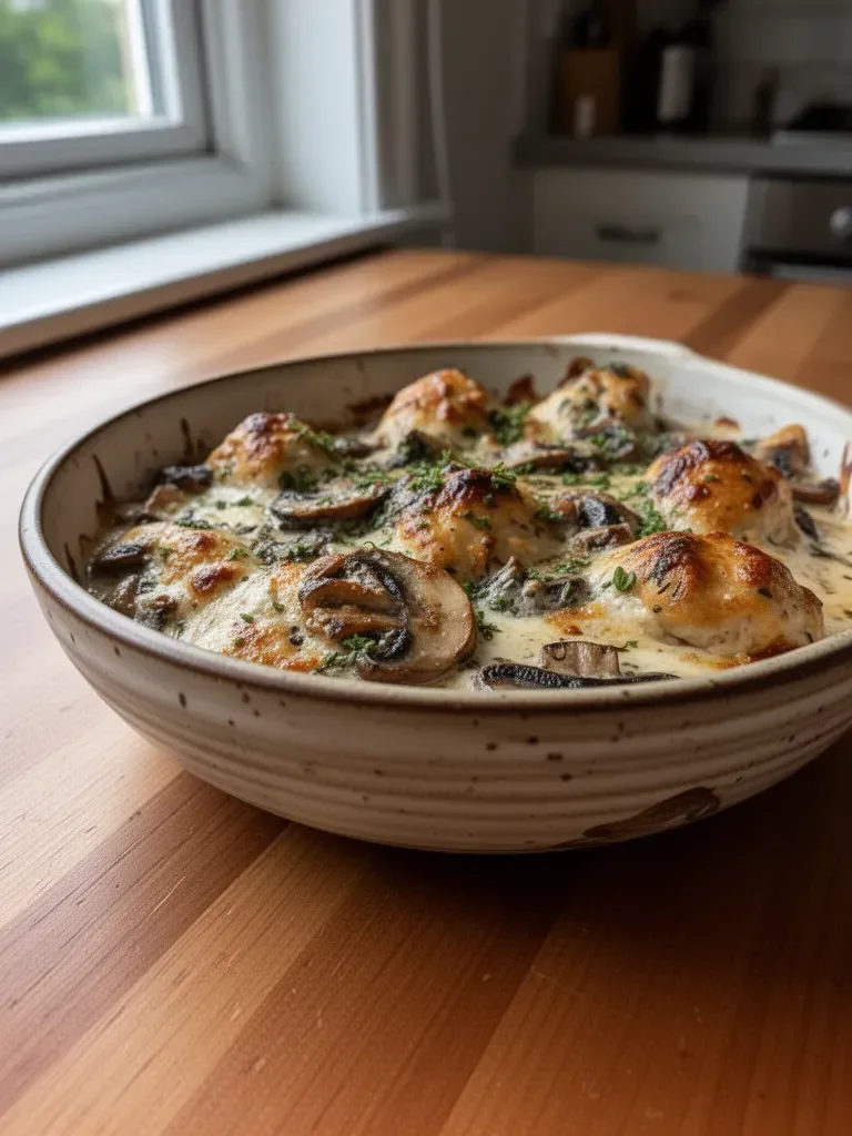 Keto Garlic Mushroom Chicken Casserole with creamy sauce and mushrooms
