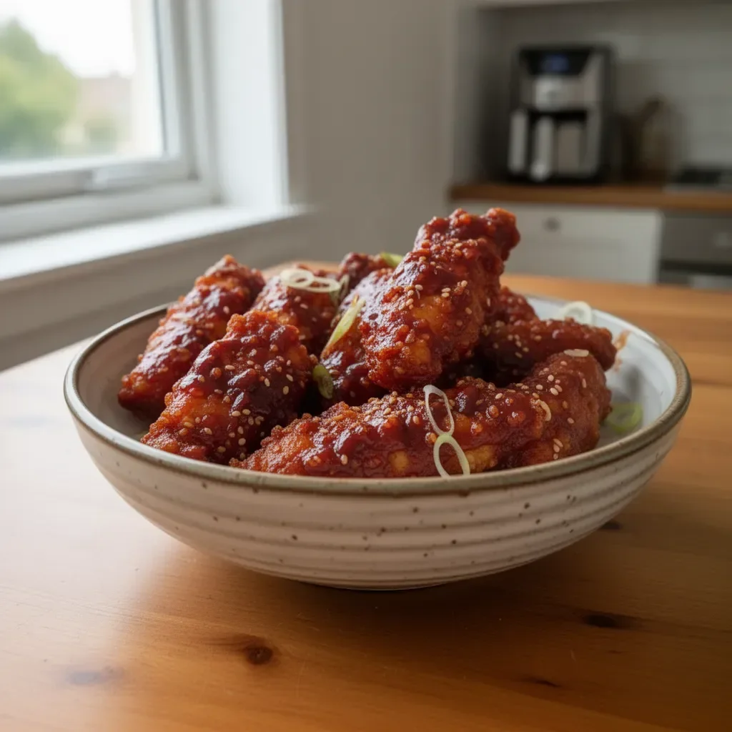 Crispy Korean Fried Chicken made in an air fryer, garnished with herbs.