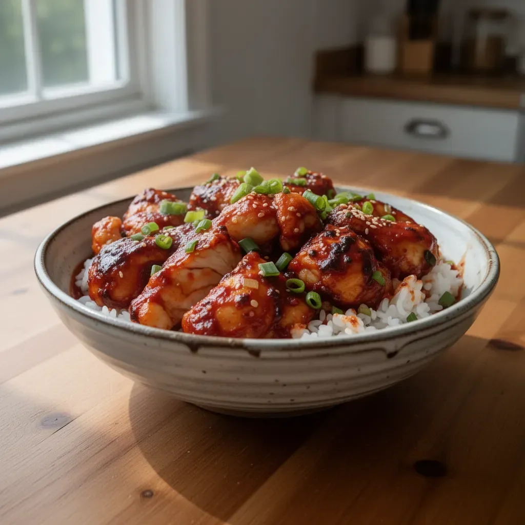 Korean spicy red pepper paste chicken garnished with fresh vegetables