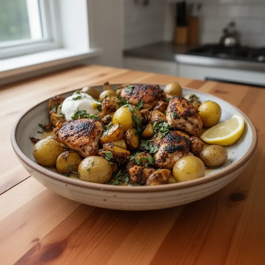 Lemon Balsamic Chicken served with roasted potatoes for a flavorful meal.