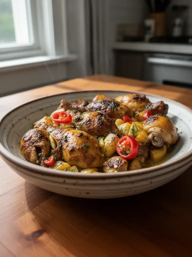 Delicious Lemon Garlic Chicken served with fresh herbs and lemon slices