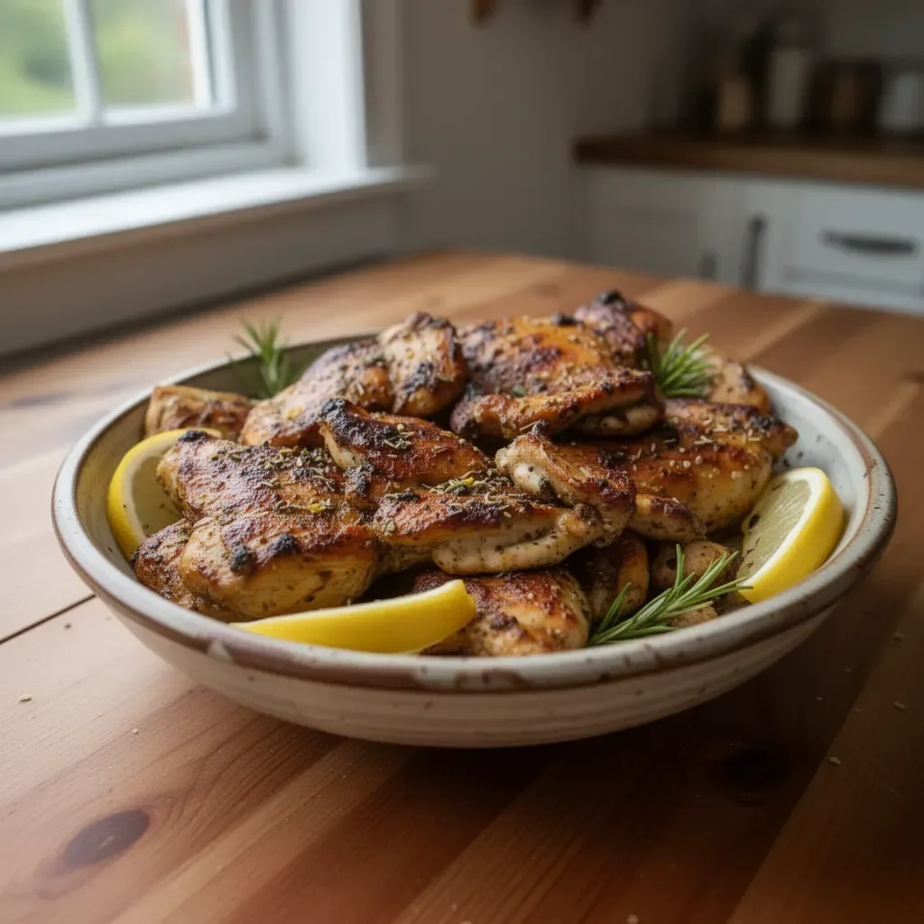 Lemon & Garlic Greek Marinated Chicken on a plate garnished with herbs