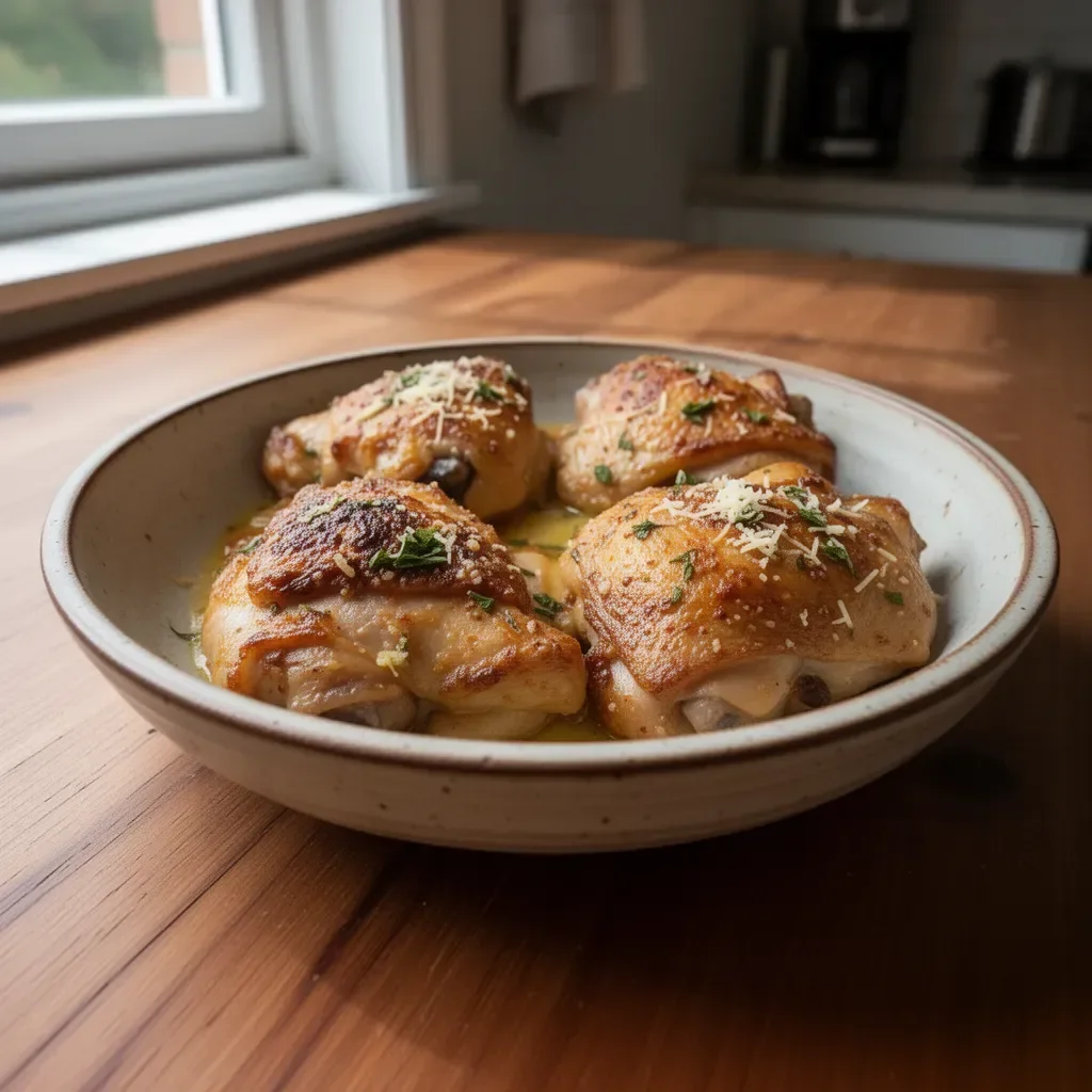 Juicy Lemon Garlic Parmesan Chicken Thighs garnished with herbs