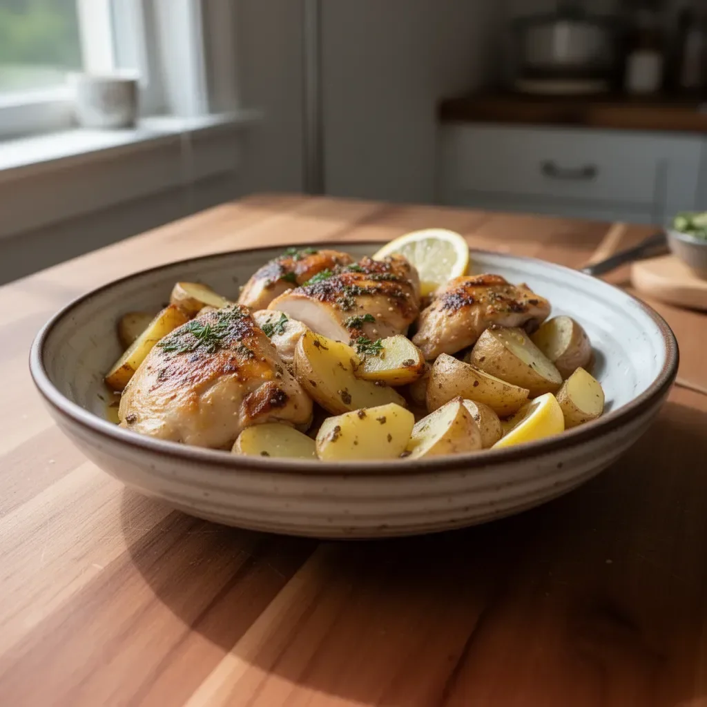 Lemon Greek Chicken served with roasted potatoes on a white plate