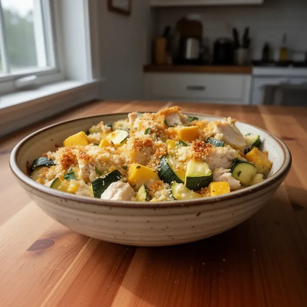 Low Carb Rotisserie Chicken Zucchini Casserole topped with melted cheese and herbs.