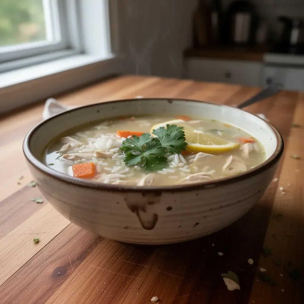 Low-fat Greek lemon chicken soup with rice in a bowl