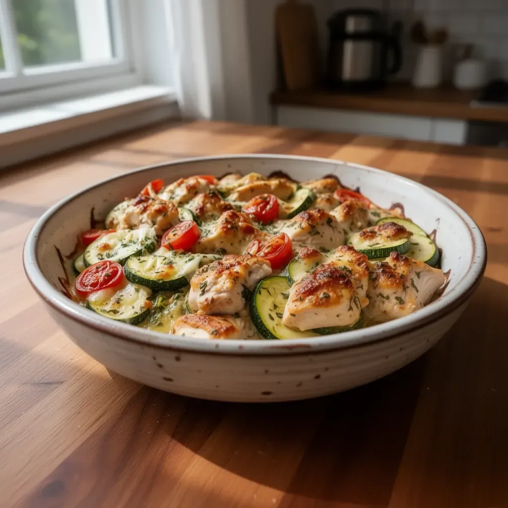Mediterranean Chicken Zucchini Bake topped with herbs and cheese