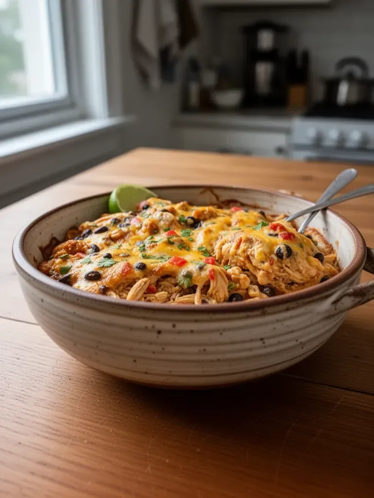 Delicious Mexican Chicken Casserole served in a baking dish with toppings.