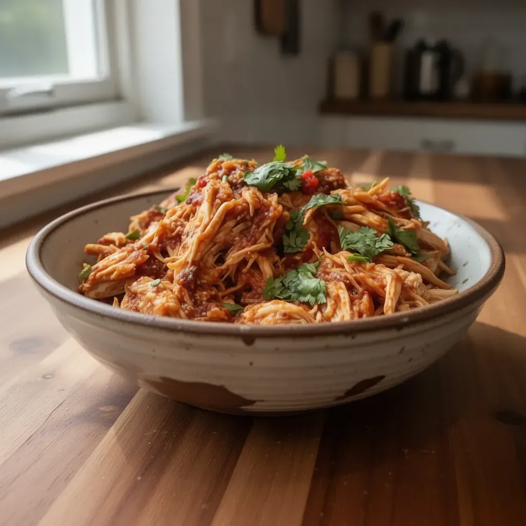Delicious Mexican shredded chicken served with tortillas and toppings