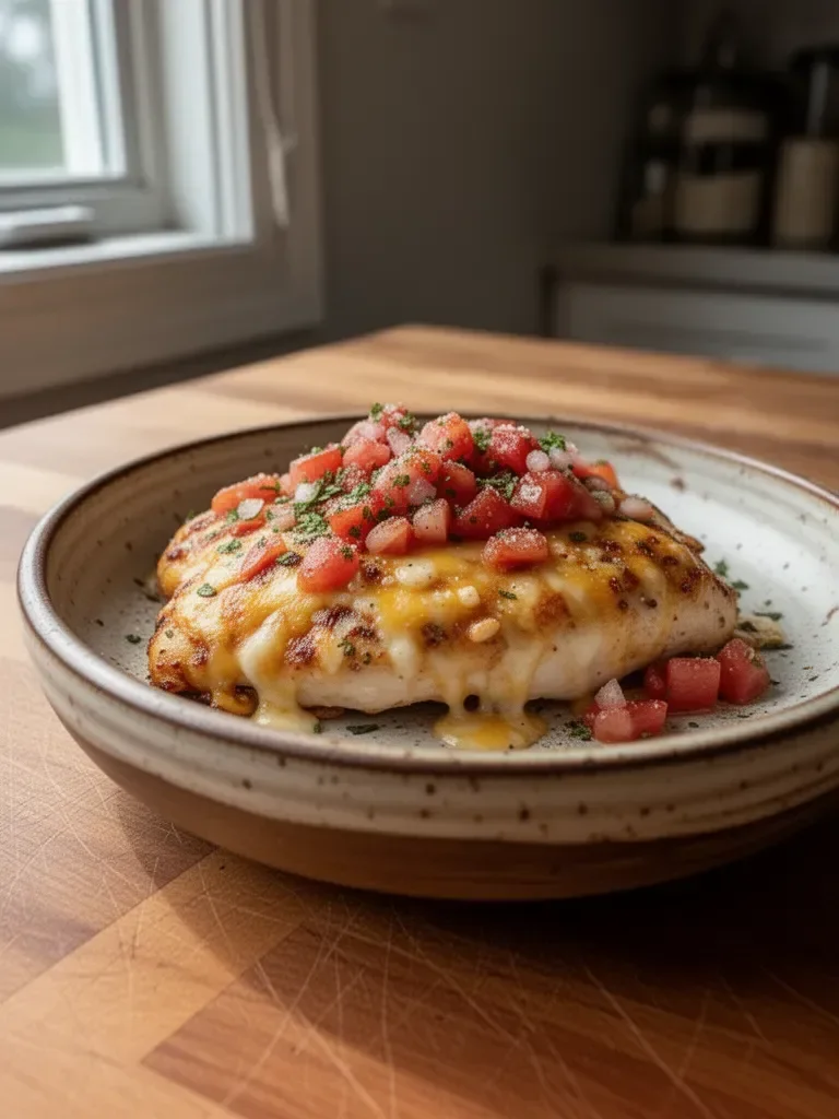 Plate of Monterey Chicken topped with cheese and vegetables