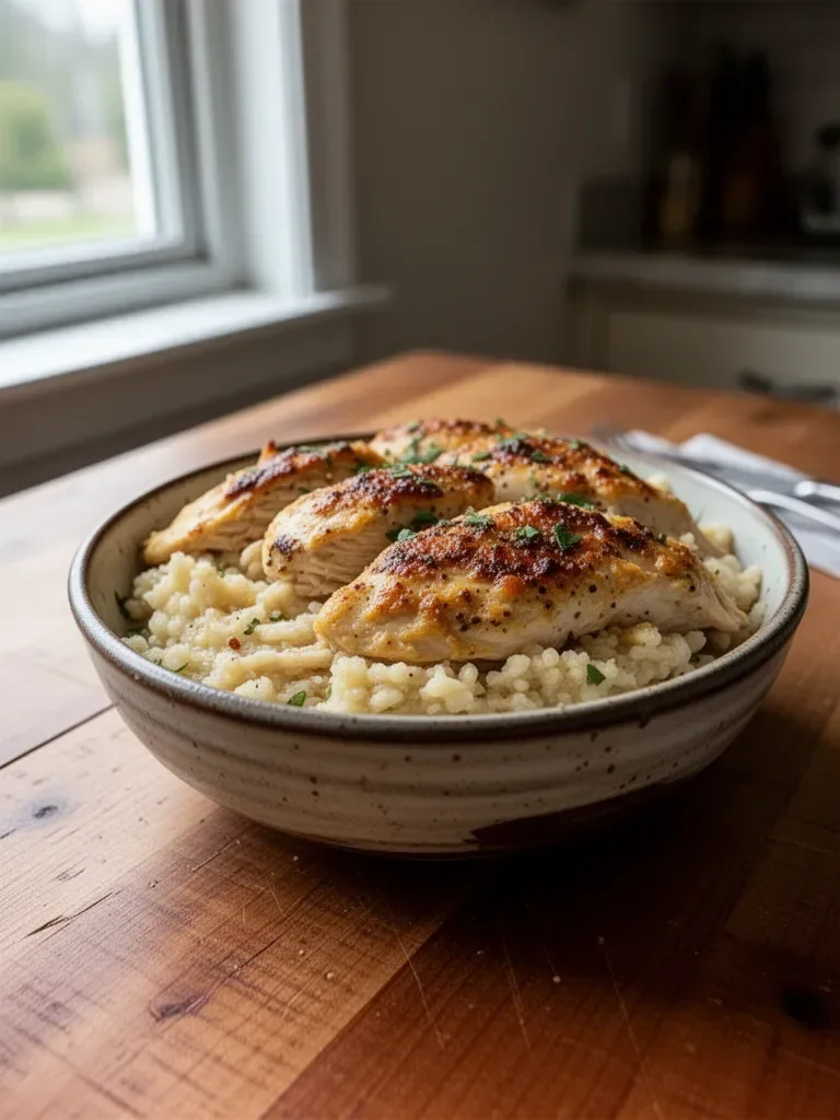 No Peek Chicken Casserole baked dish topped with cheese and vegetables