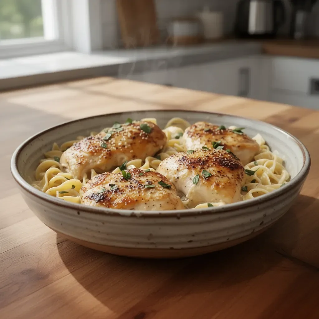 One-Pan Chicken with Buttered Noodles served in a skillet