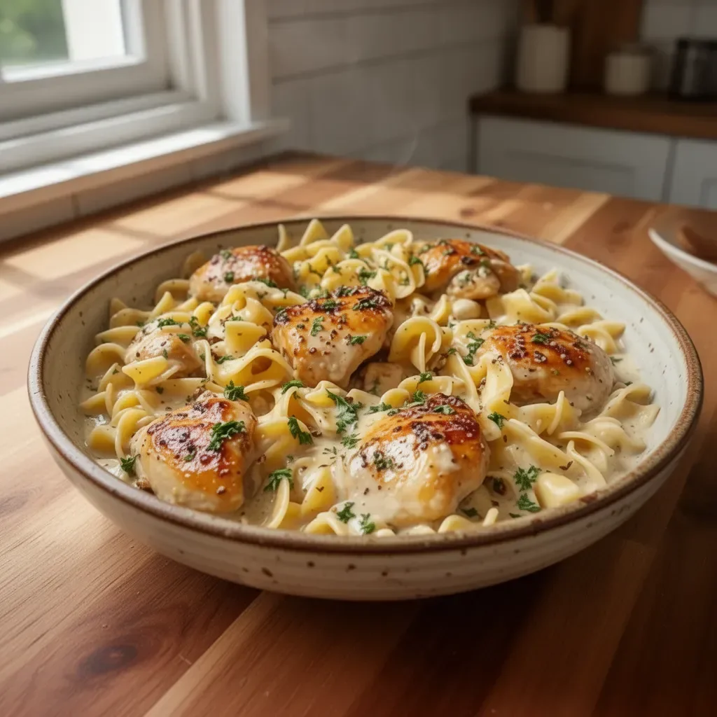 One-Pan Creamy Garlic Butter Chicken served with egg noodles