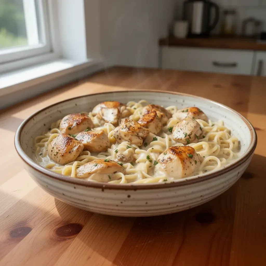 One-pan creamy garlic butter chicken served with egg noodles in a skillet