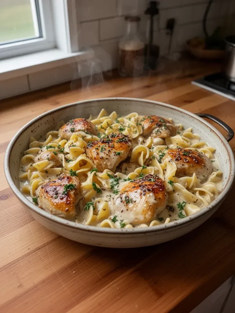 One-Pan Creamy Garlic Butter Chicken with Egg Noodles