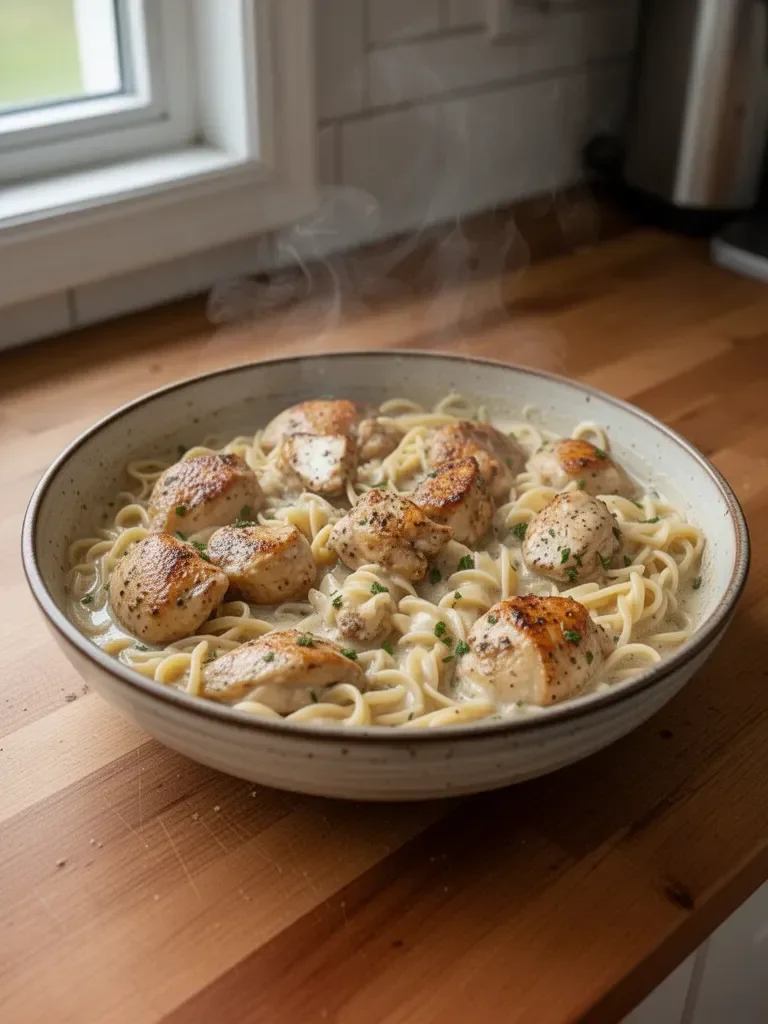 One-Pan Creamy Garlic Butter Chicken with Egg Noodles