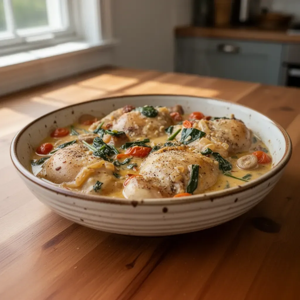 One Pan Tuscan Chicken Thighs with vibrant herbs and fresh vegetables