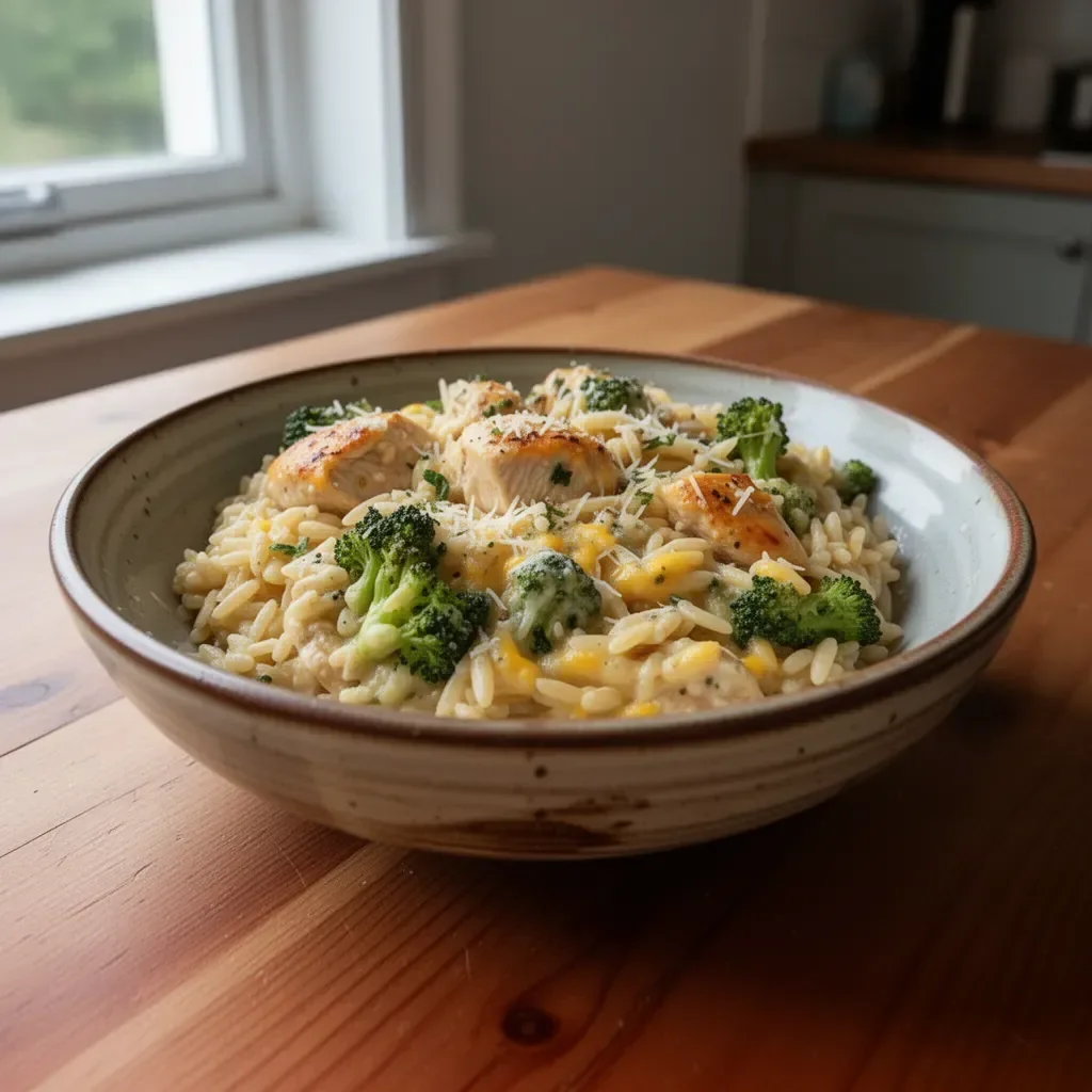 One-Pot Cheesy Chicken and Broccoli Orzo dish served in a bowl