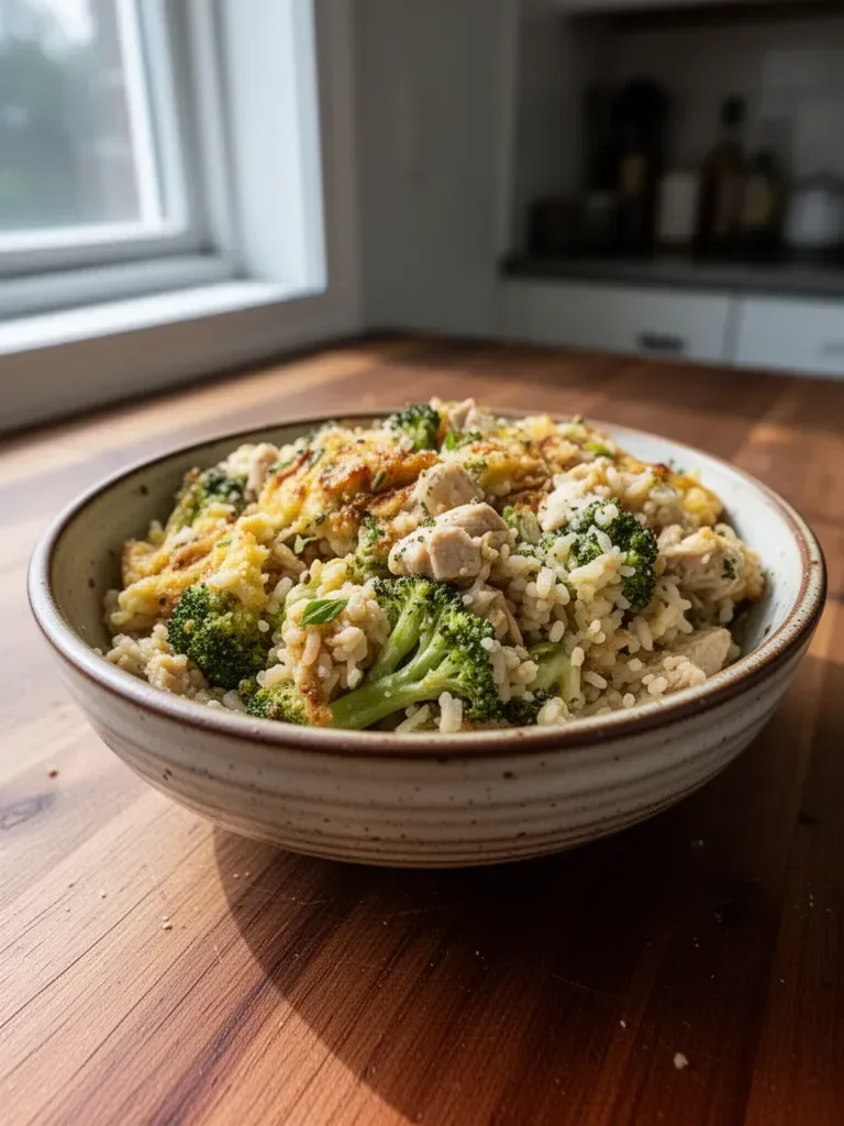 Delicious one pot chicken broccoli rice casserole dish served hot.