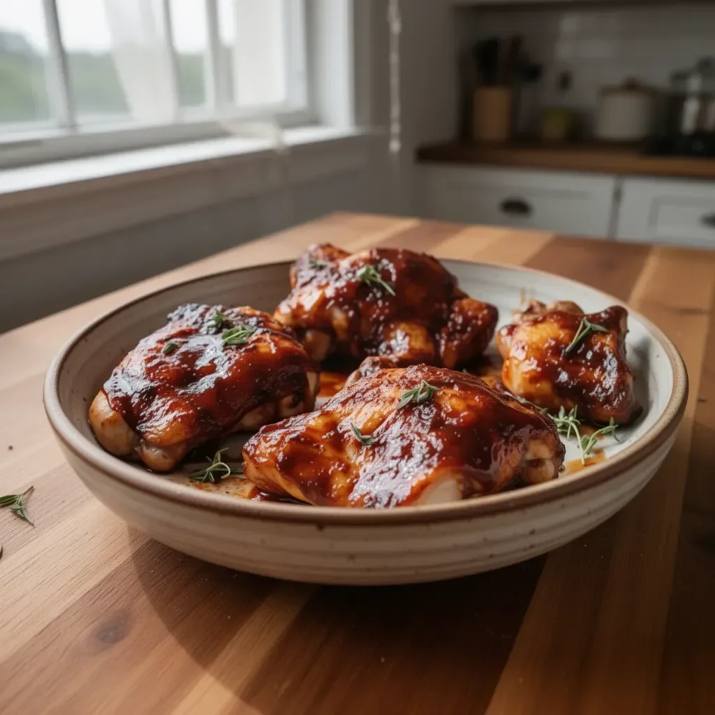 Oven baked BBQ chicken garnished with herbs served on a plate.