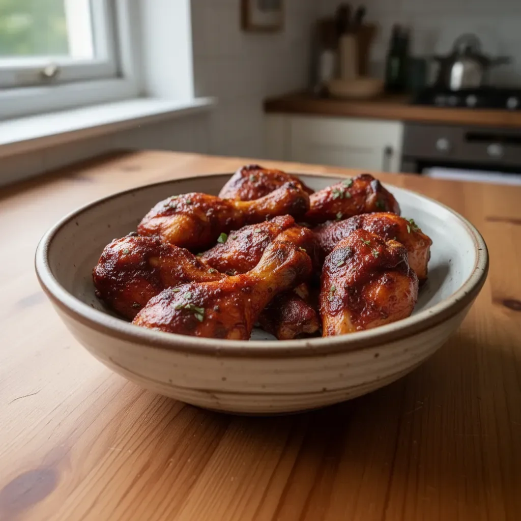 Oven baked chicken legs served with herbs and spices on a plate