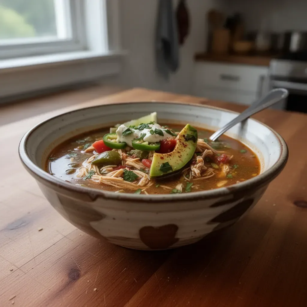 Bowl of Poblano Chicken Tortilla Soup with cilantro and tortilla strips